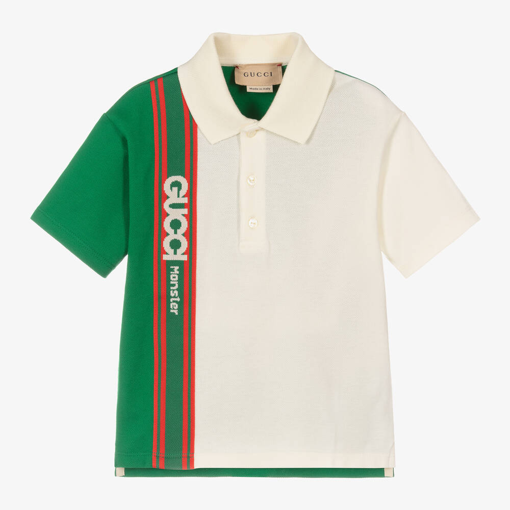 Gucci - Boys Ivory & Green Piqué Logo Polo Shirt | Childrensalon