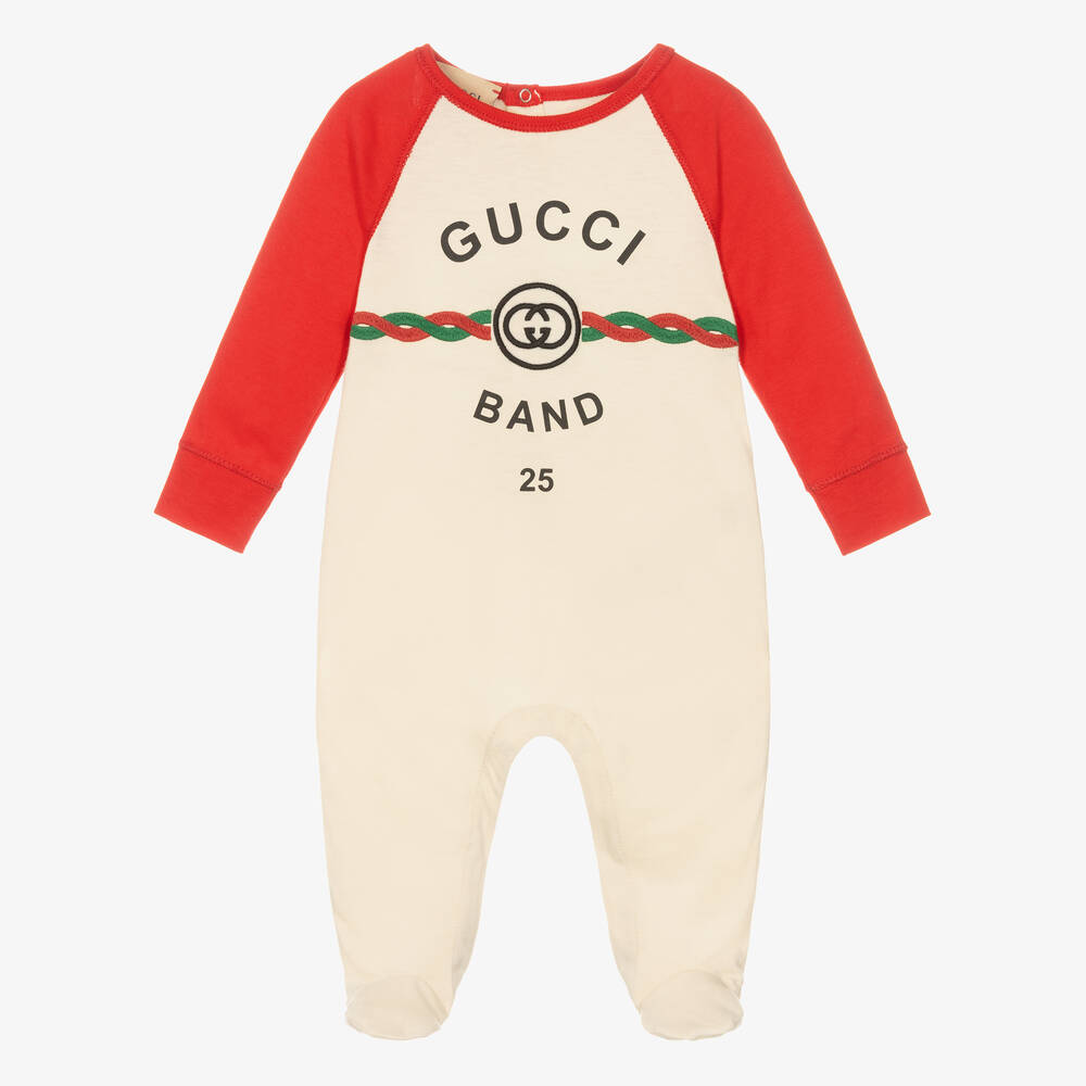 Gucci - Boys Ivory & Red G Babygrow  | Childrensalon