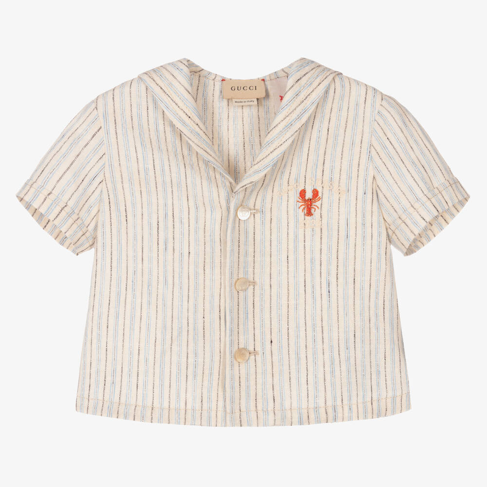 Gucci - قميص أطفال ولادي كتان مقلم لون عاجي وأزرق | Childrensalon