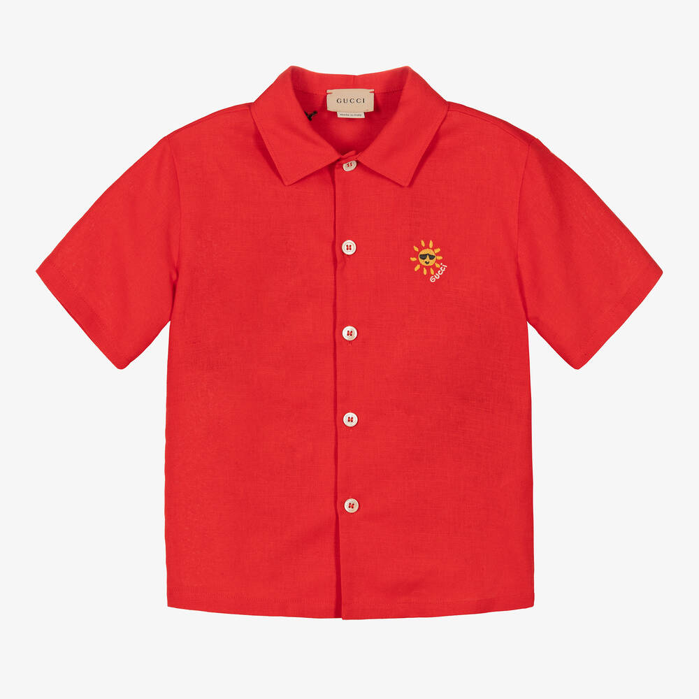 Gucci - Boys Red Linen Embroidery Shirt | Childrensalon