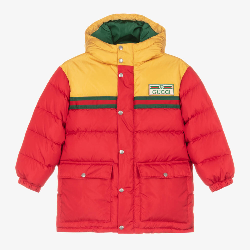 Gucci - Boys Red & Yellow Hooded Puffer Coat | Childrensalon