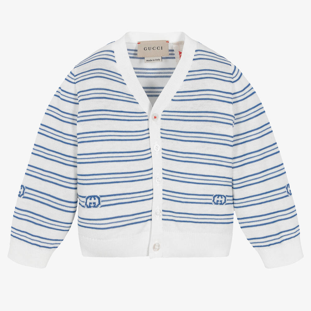 Gucci - Cardigan bleu et blanc GG | Childrensalon