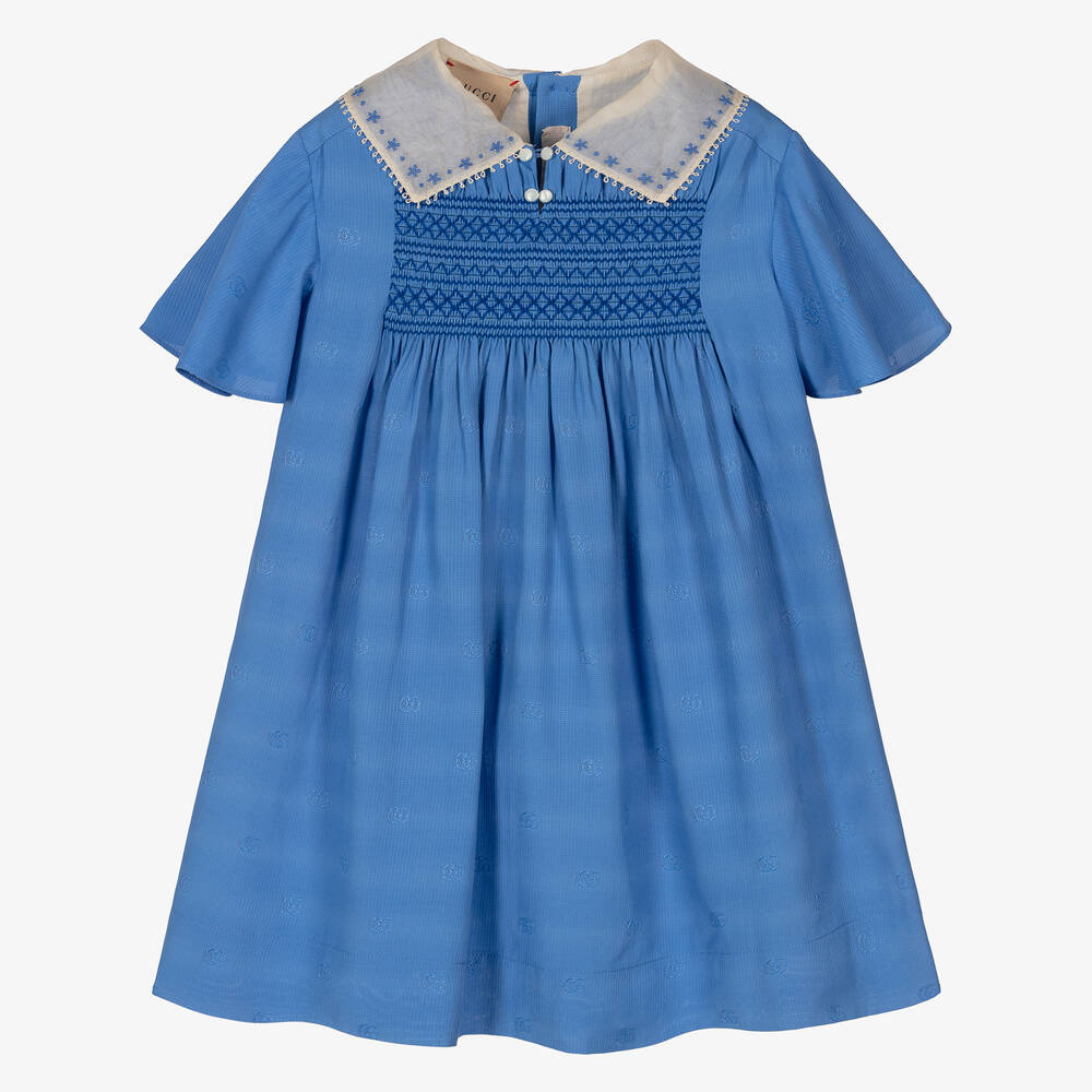 Gucci - Голубое платье c присборенной вышивкой для девочек | Childrensalon
