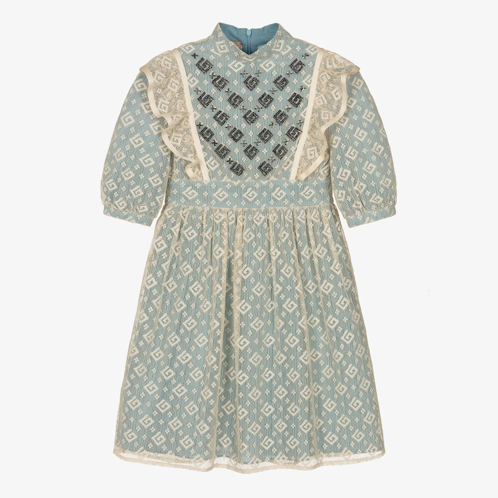 Gucci - Голубое платье с кружевом и принтом G | Childrensalon