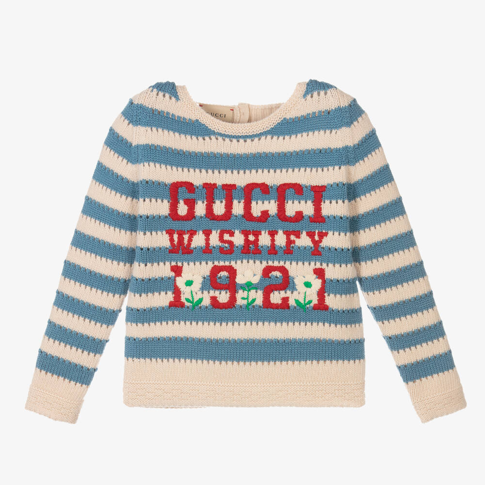 Gucci - Girls Blue Stripe Wool Sweater | Childrensalon