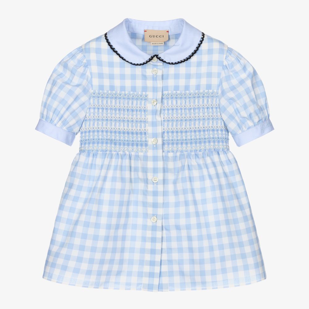 Gucci - Голубая хлопковая блузка в клетку виши для девочек | Childrensalon