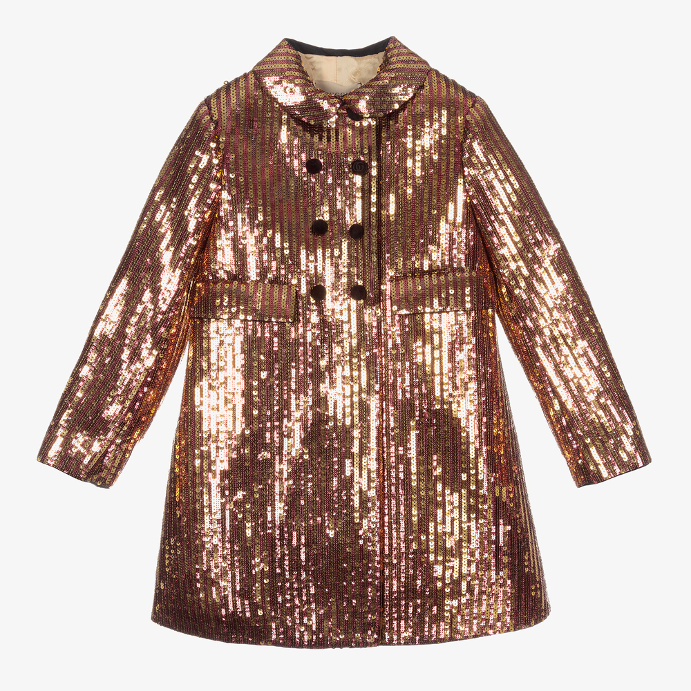 Gucci - معطف مزين بترتر لون ذهبي وزهري للبنات | Childrensalon