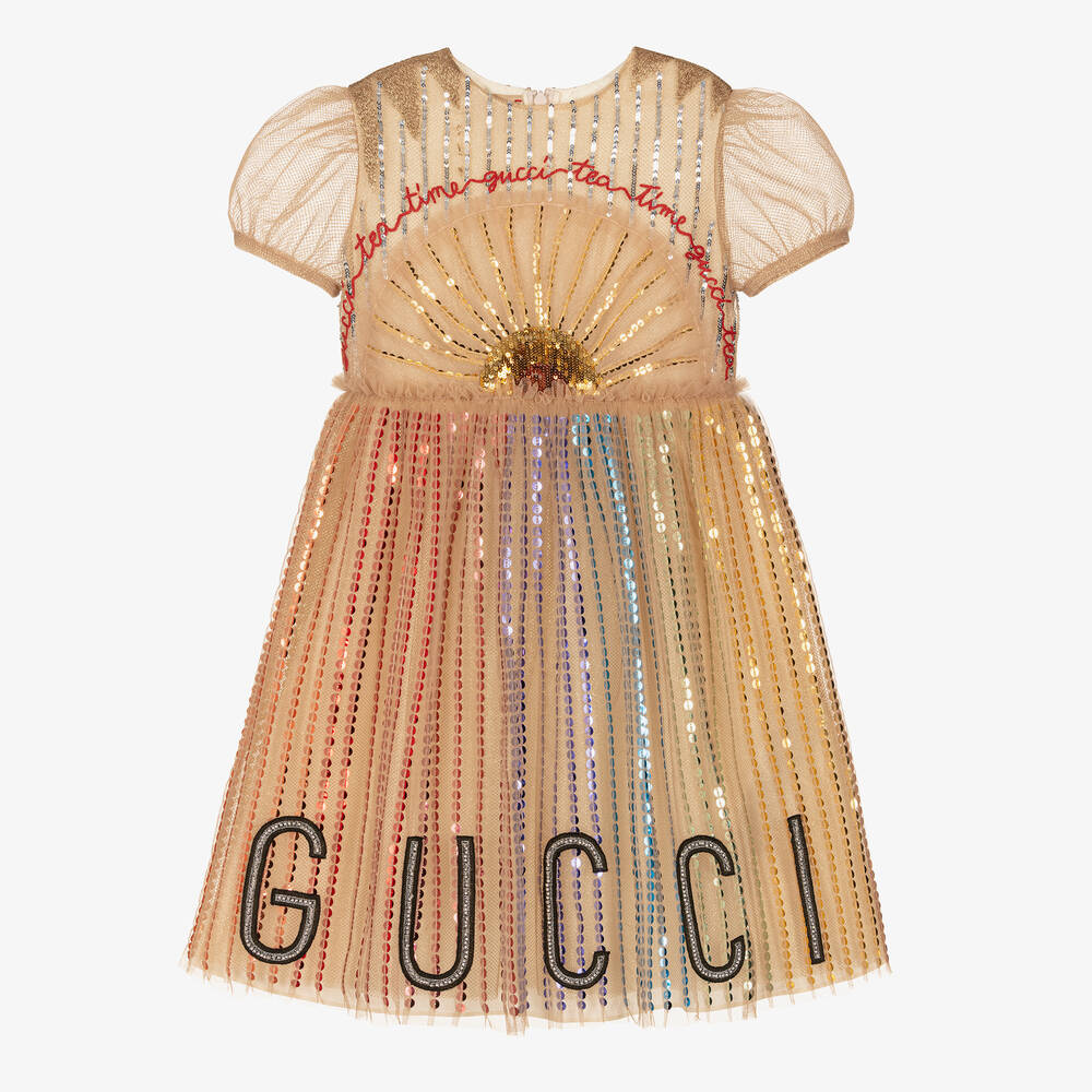 Gucci - Girls Gold Sequined Tulle Dress | Childrensalon