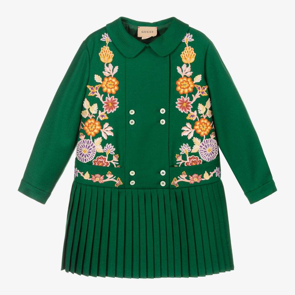 Gucci - فستان صوف لون أخضر بطبعة ورود | Childrensalon