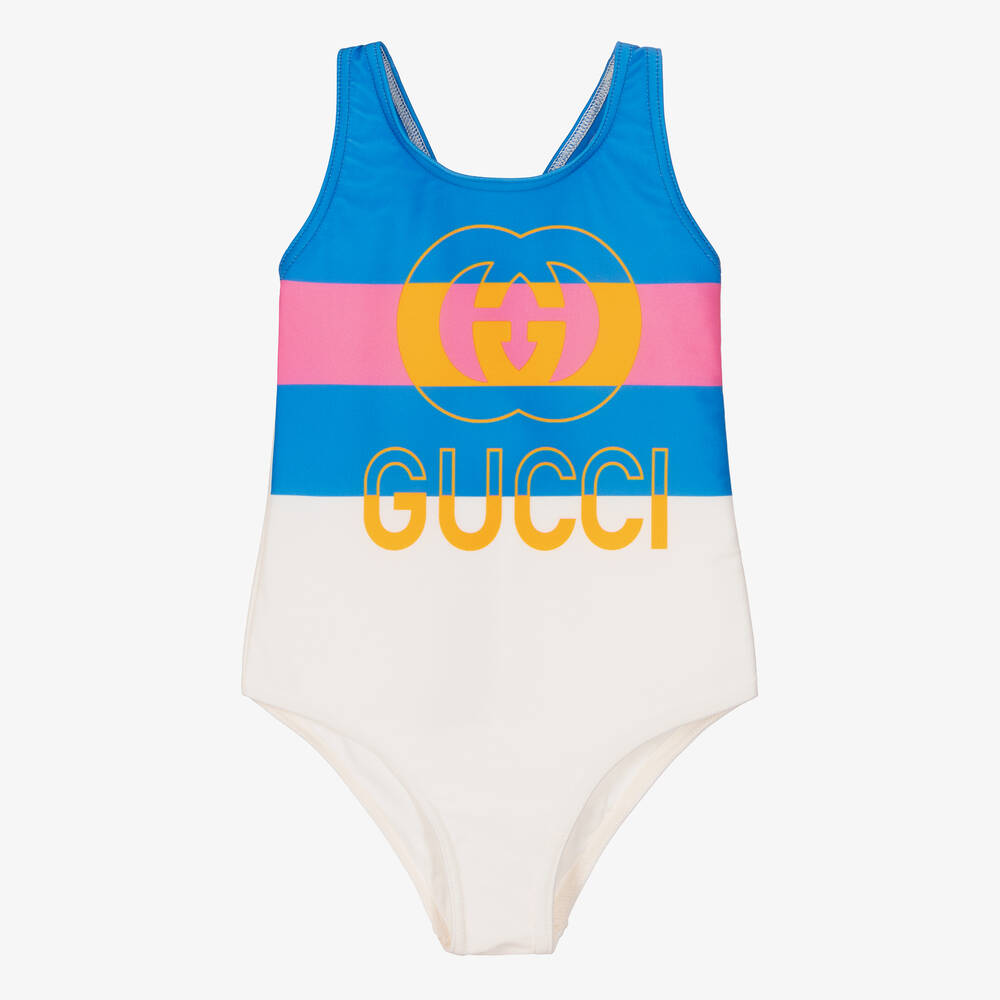 Gucci - Girls Ivory & Blue Interlocking G Swimsuit | Childrensalon