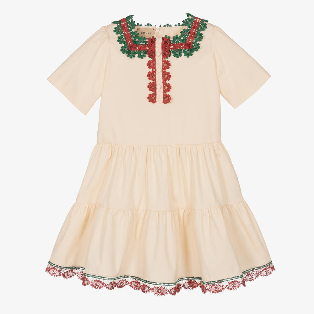Gucci - Girls Ivory Cotton Tiered Dress | Childrensalon