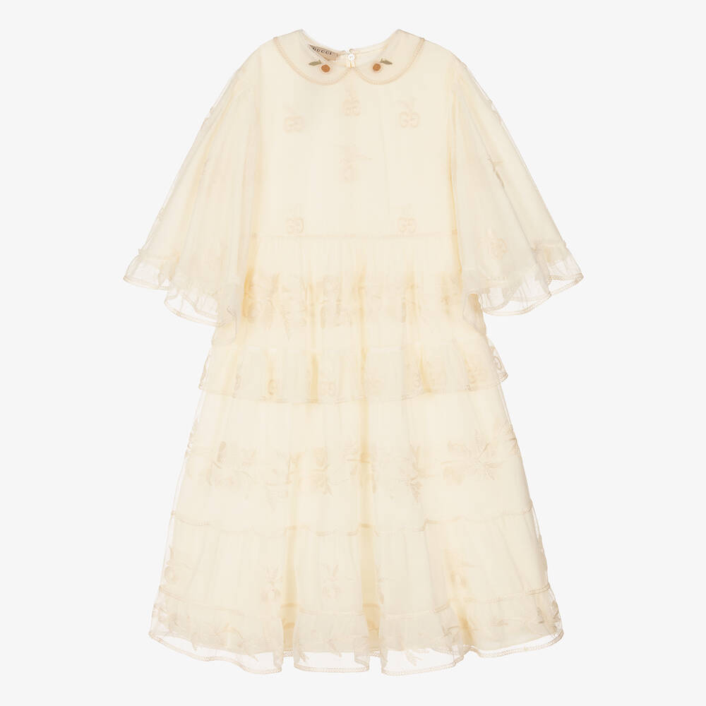 Gucci - Кремовое платье из хлопка и тюля с принтом GG | Childrensalon