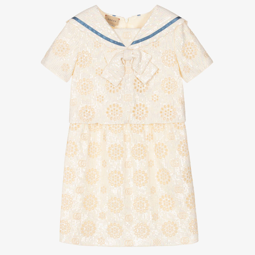 Gucci - Кремовое платье с принтом GG из пайеток | Childrensalon