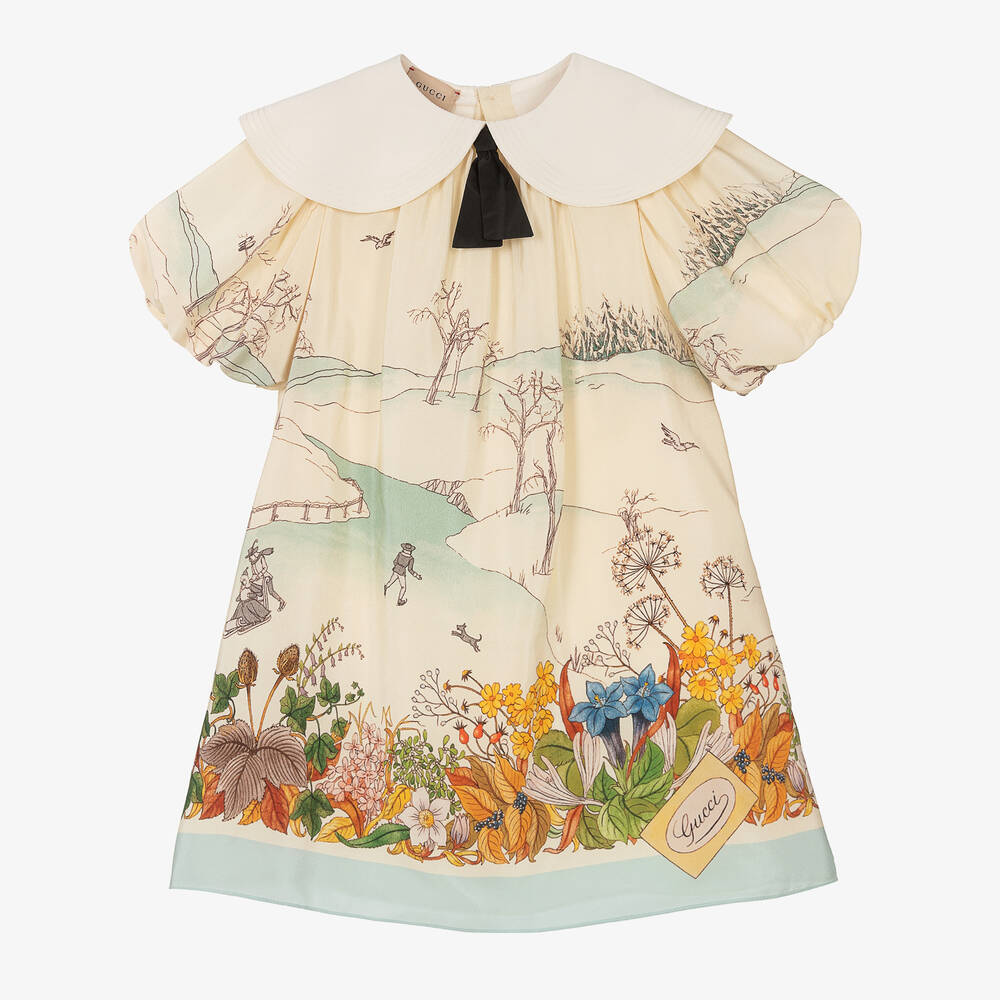 Gucci - Кремовое шелковое платье с цветами | Childrensalon