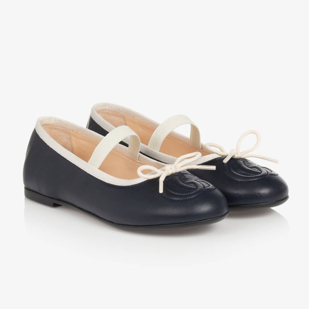 Gucci - Girls Navy Blue Leather Ballerina Shoes | Childrensalon