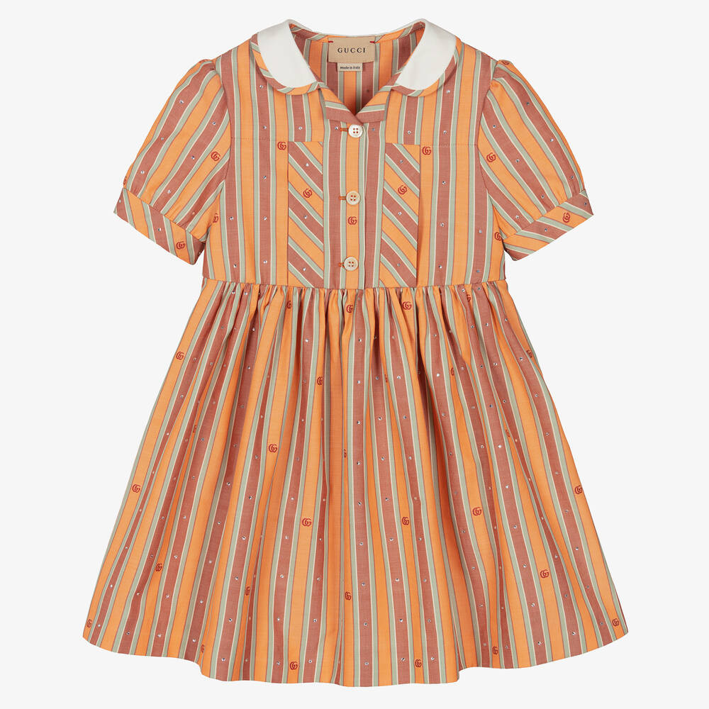 Gucci - Girls Orange Double G Cotton Dress | Childrensalon