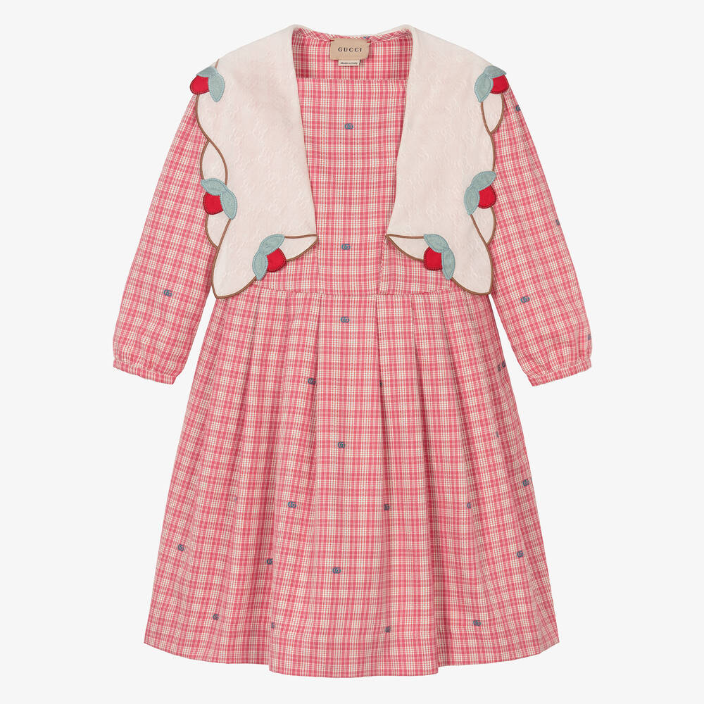 Gucci Kids' Check-print Cotton Dress In Pink