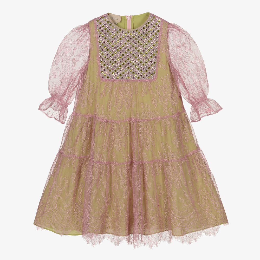 Gucci - Robe rose/verte à dentelle Fille | Childrensalon