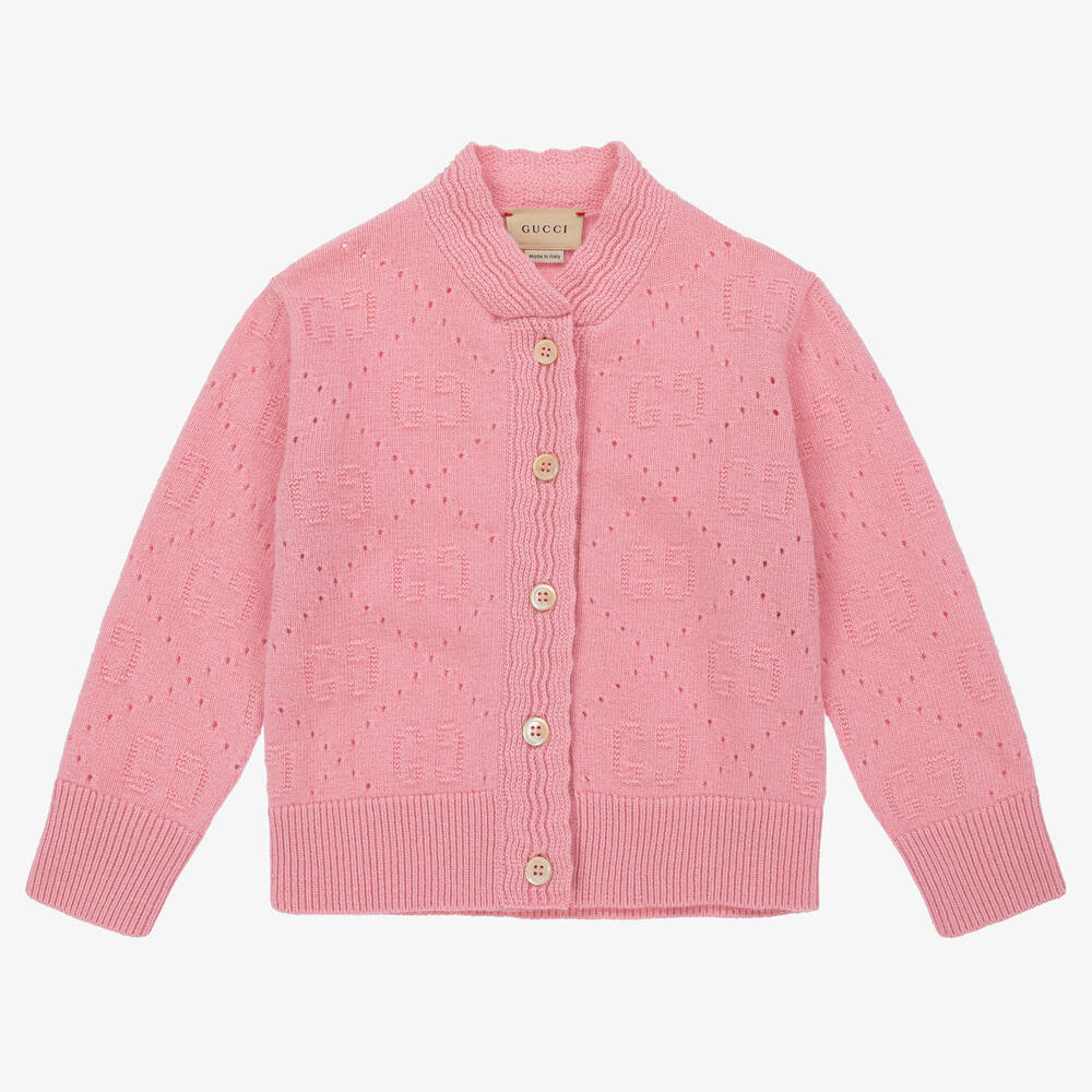 Gucci - Cardigan rose en maille de laine GG | Childrensalon