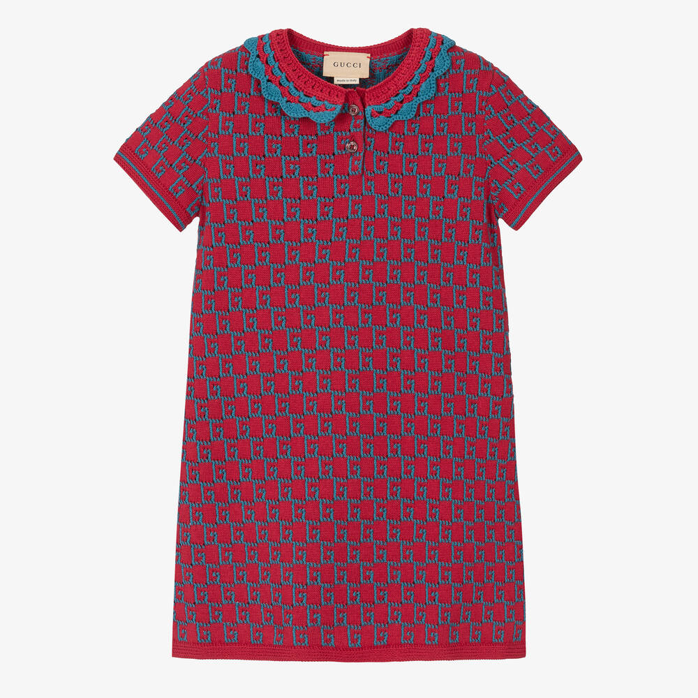 Gucci - Girls Red & Blue Cotton Knit Dress | Childrensalon