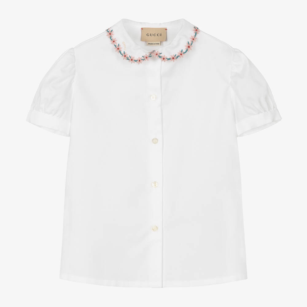Gucci Babies' Girls White Cotton Embroidered Blouse