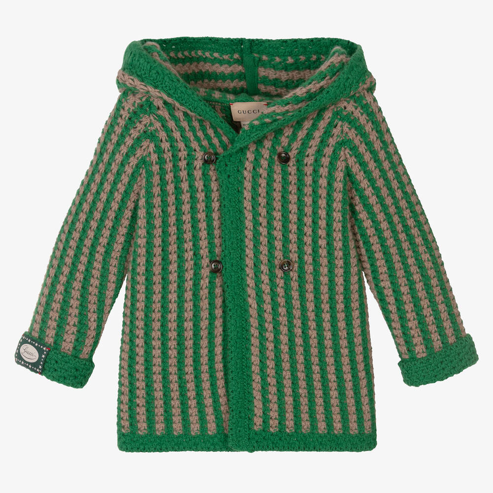 Gucci - Зелено-бежевый шерстяной кардиган с капюшоном | Childrensalon
