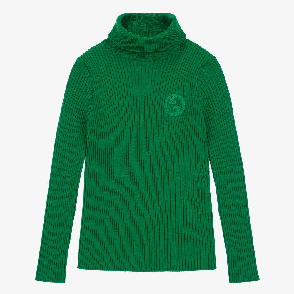 Gucci - Green Ribbed Wool Roll Neck Sweater | Childrensalon