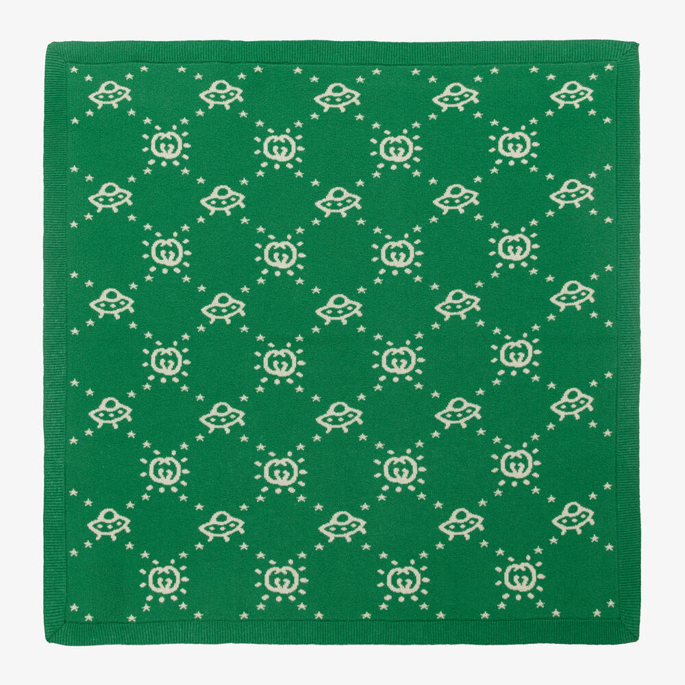 Gucci - Зеленое шерстяное одеяло с принтом GG (85см) | Childrensalon