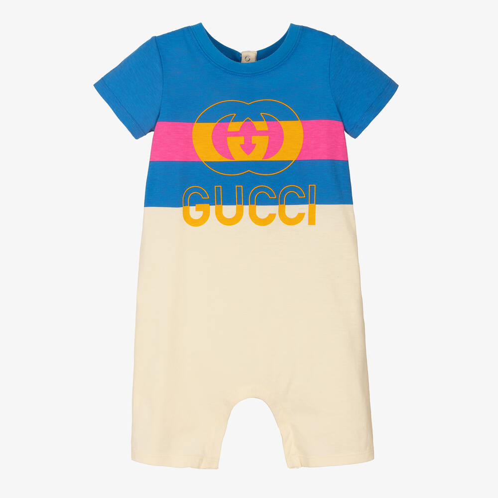 Gucci - Ivory & Blue Cotton Logo Romper | Childrensalon