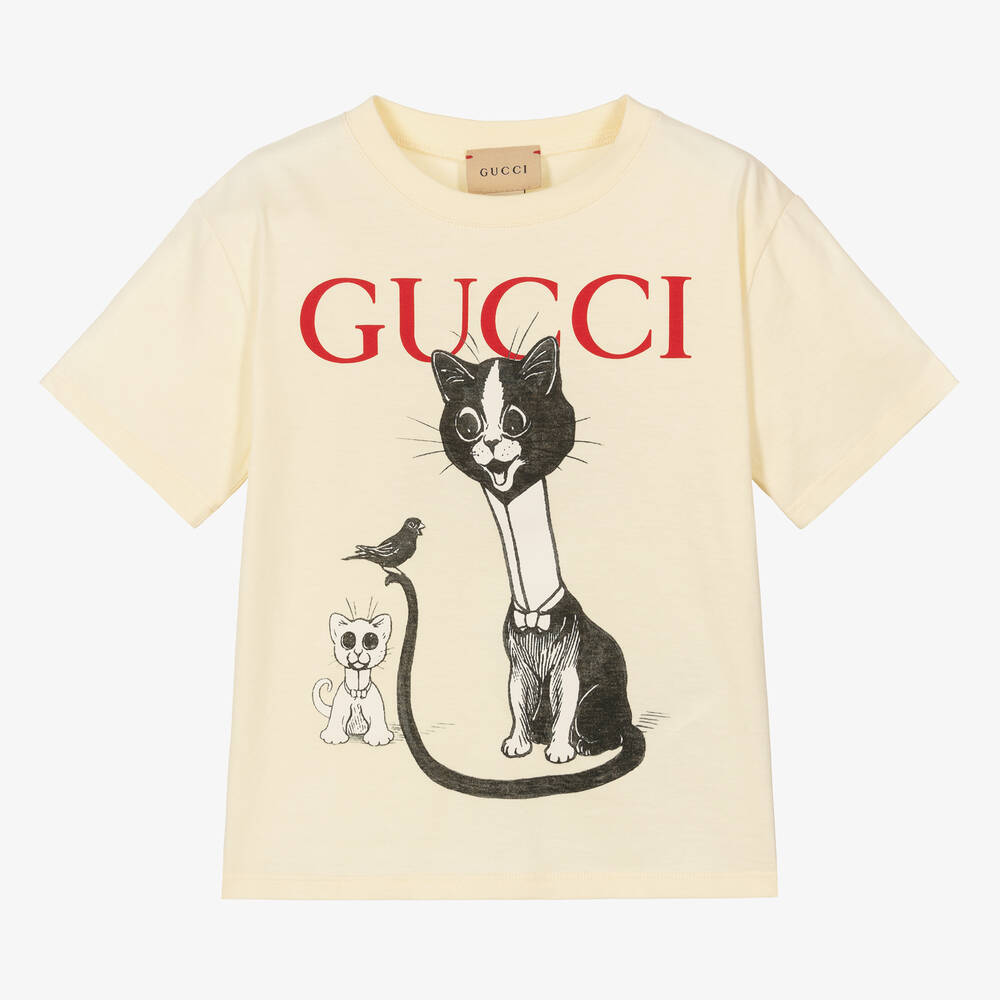 Gucci - Ivory Cotton Cat Logo T-Shirt | Childrensalon