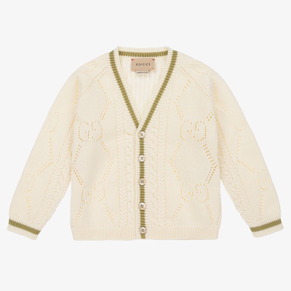 Gucci - Cardigan ivoire coton pointelle GG | Childrensalon