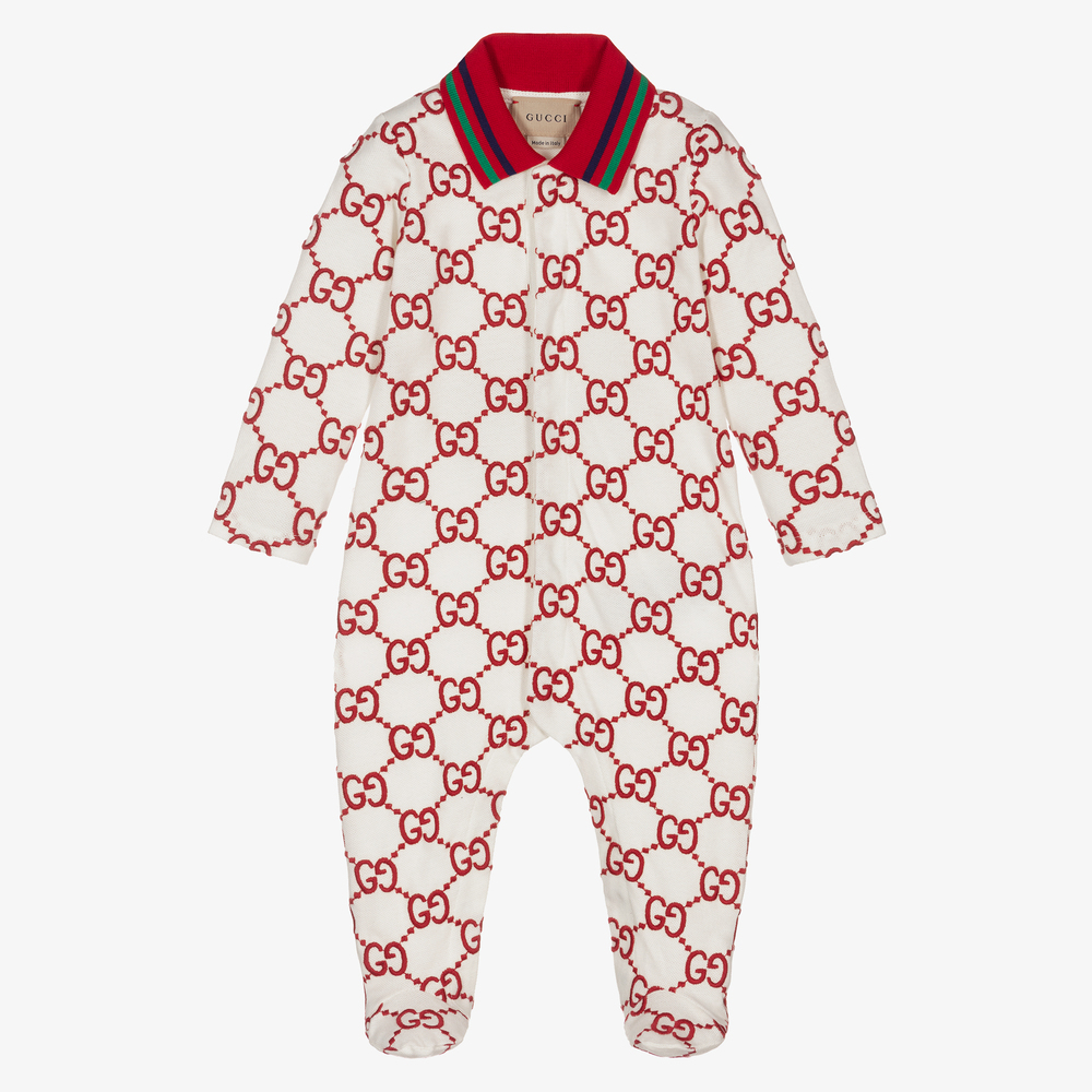 Gucci - أفرول بيبي غرو قطن بيكيه لون عاجي وأحمر للأطفال | Childrensalon