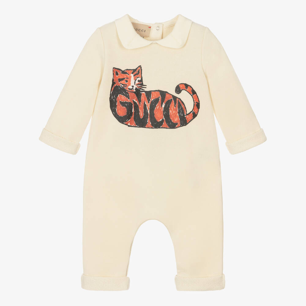 Gucci - Кремовый хлопковый ромпер с тигром  | Childrensalon