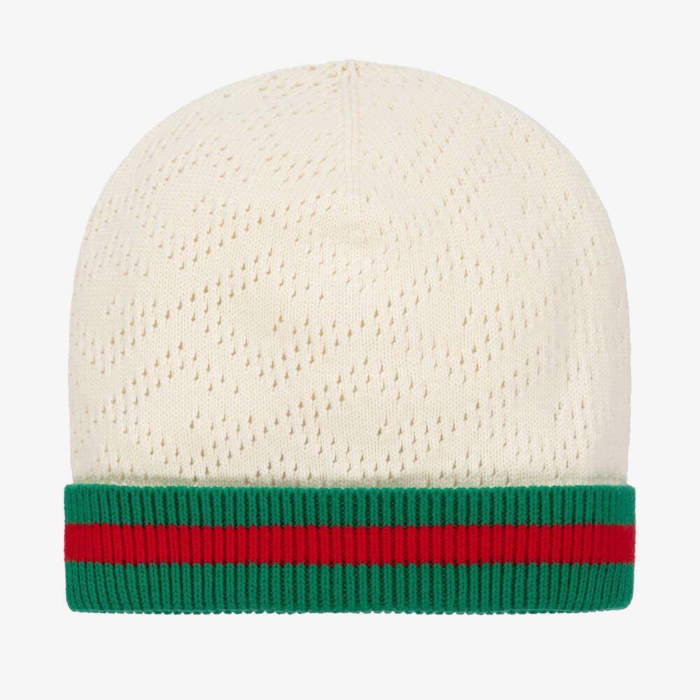 Gucci - Ivory Web Stripe Cotton Beanie Hat | Childrensalon