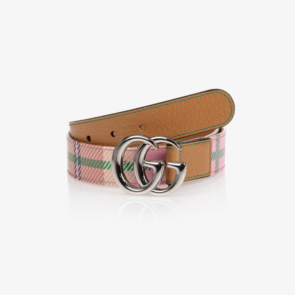 Gucci - Розовый ремень в клетку с пряжкой в виде букв GG | Childrensalon