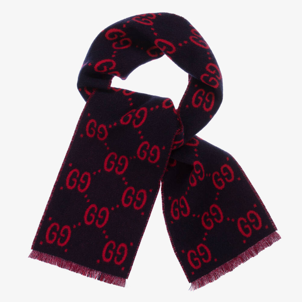 Gucci - Красно-синий шерстяной шарф с принтом GG | Childrensalon