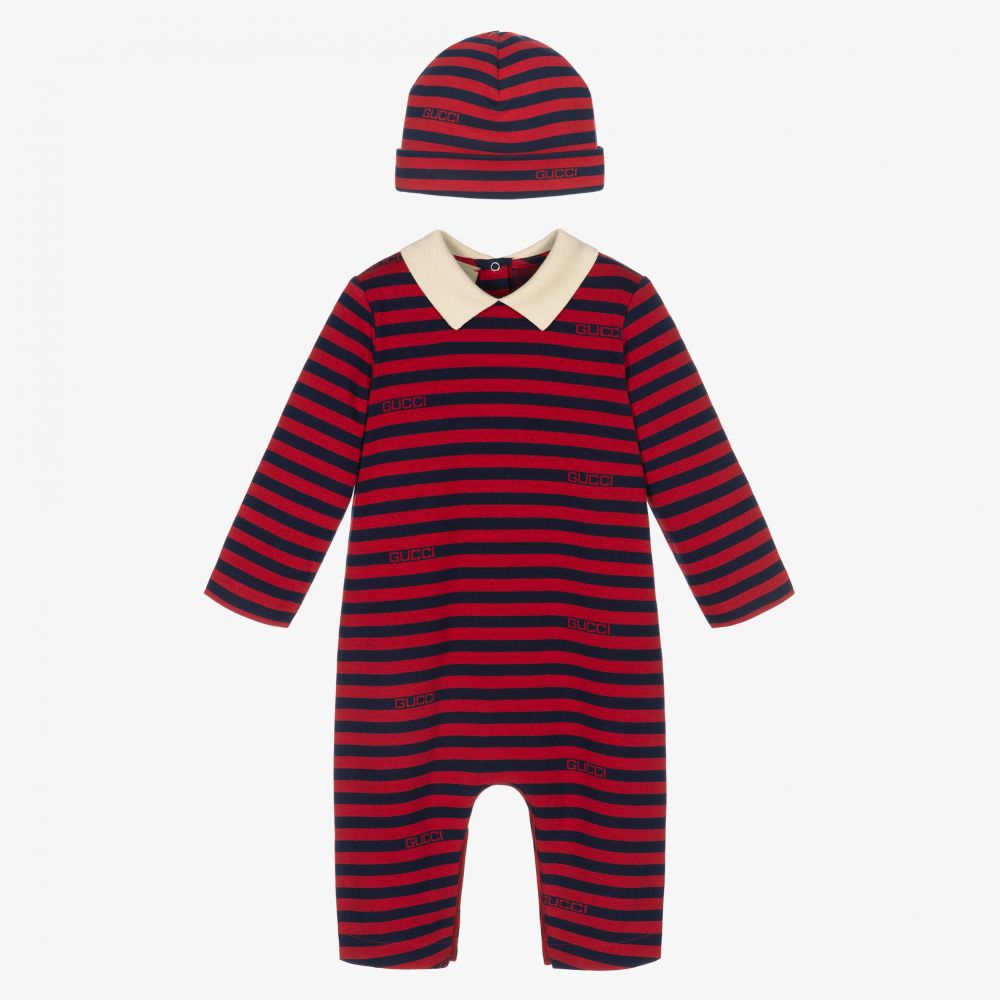 Gucci - Red Striped Babysuit Gift Set | Childrensalon