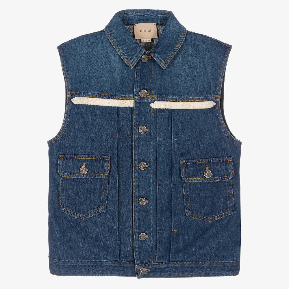 Gucci Teen Blue Embroidered Denim Gilet