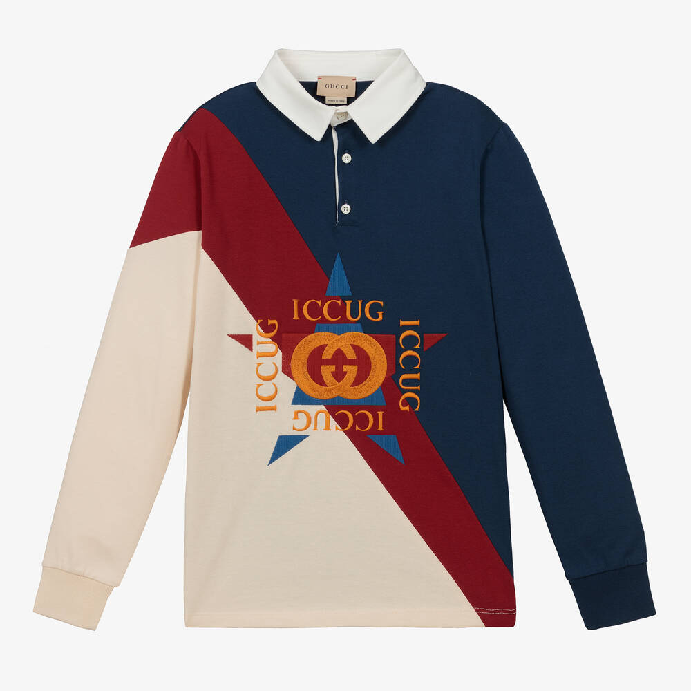 Gucci - Teen Boys Blue Cotton Logo Rugby Shirt | Childrensalon