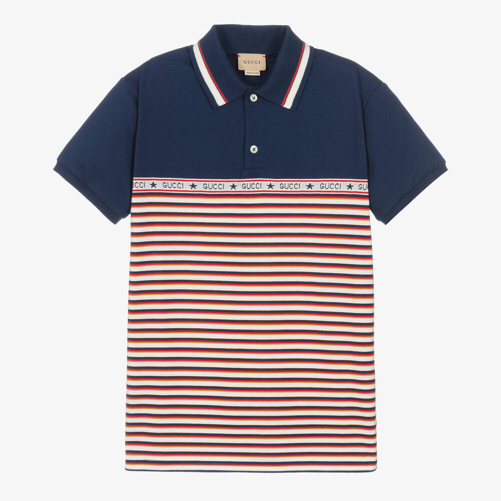 Shop Gucci Teen Boys Blue Cotton Striped Polo Shirt