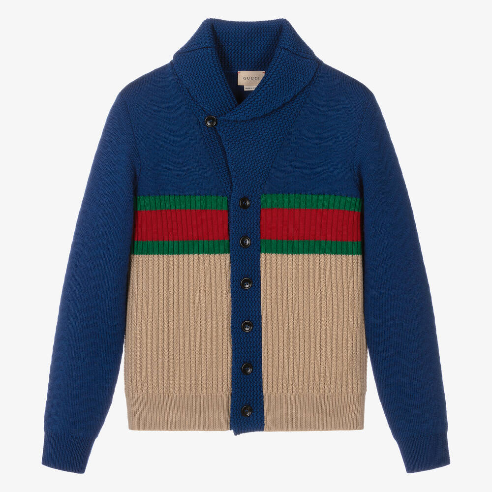 Shop Gucci Teen Boys Blue Wool-knit Web Cardigan
