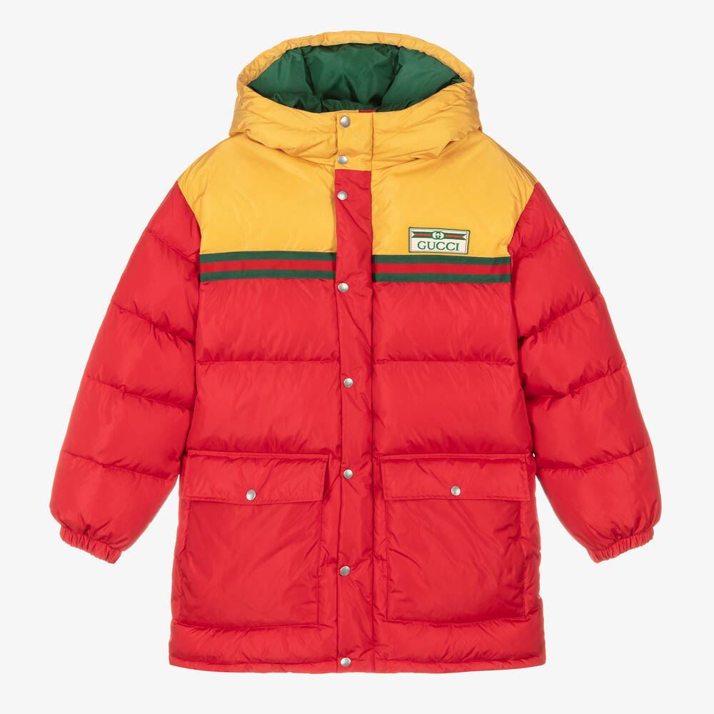 Gucci - معطف بافر هودي تينز ولادي لون أحمر وأصفر | Childrensalon