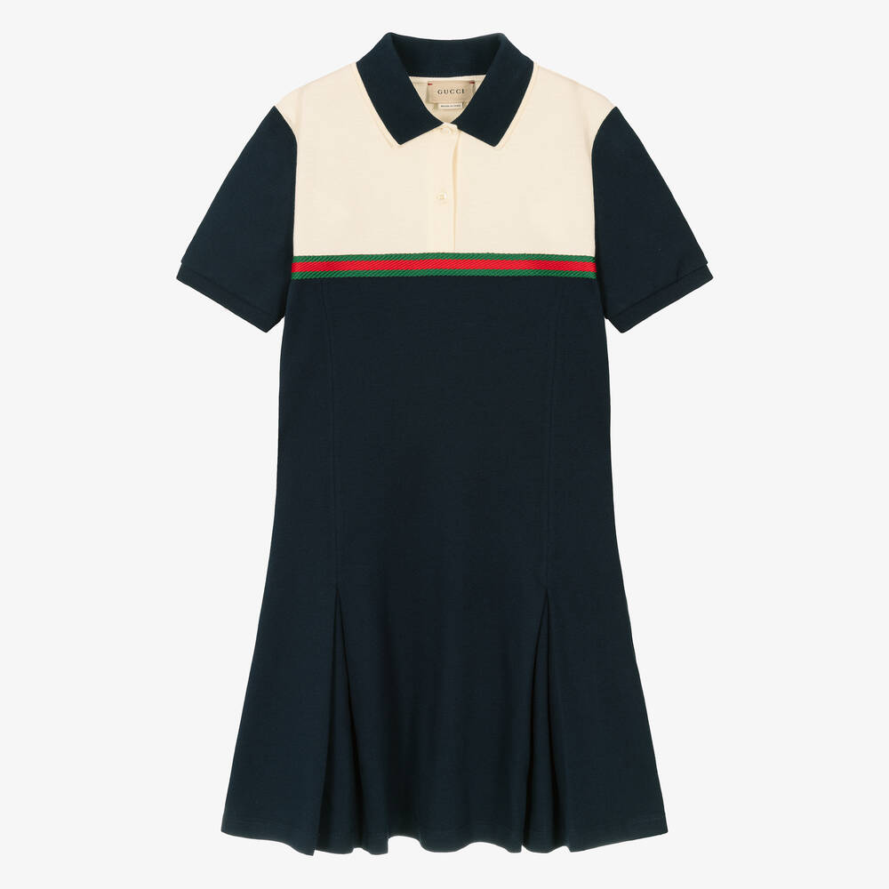 Gucci - Кремово-синее платье из хлопка с фирменной полосой | Childrensalon