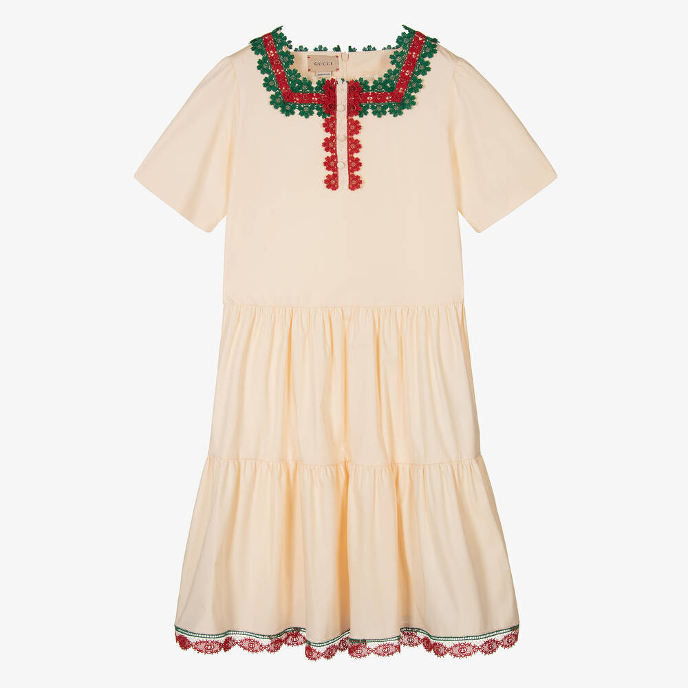 Gucci - Кремовое многоярусное платье из хлопка для подростков  | Childrensalon