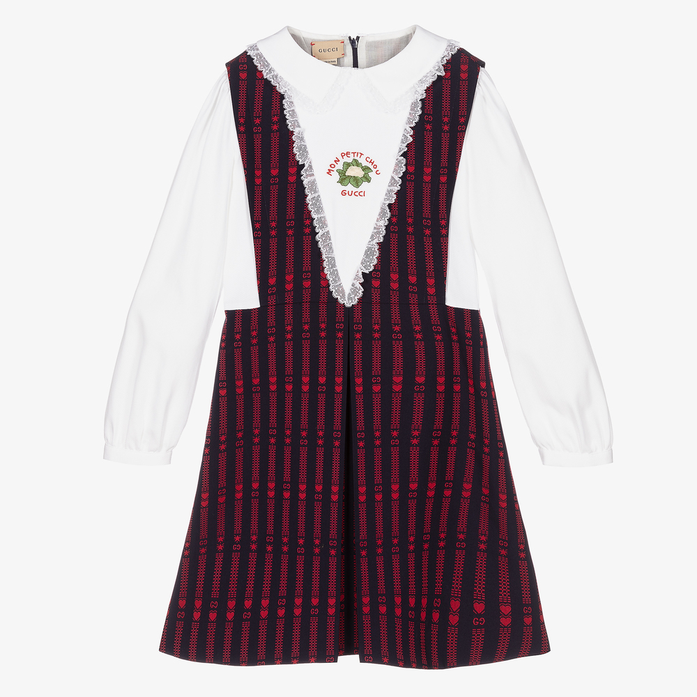 Gucci - Teen Girls Navy Blue & Red Bib Dress | Childrensalon
