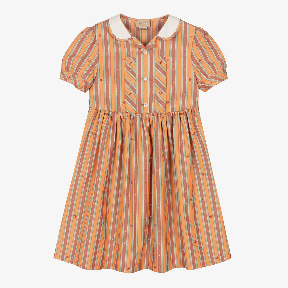 Gucci - فستان تينز بناتي قطن أكسفورد مقلم لون برتقالي  | Childrensalon