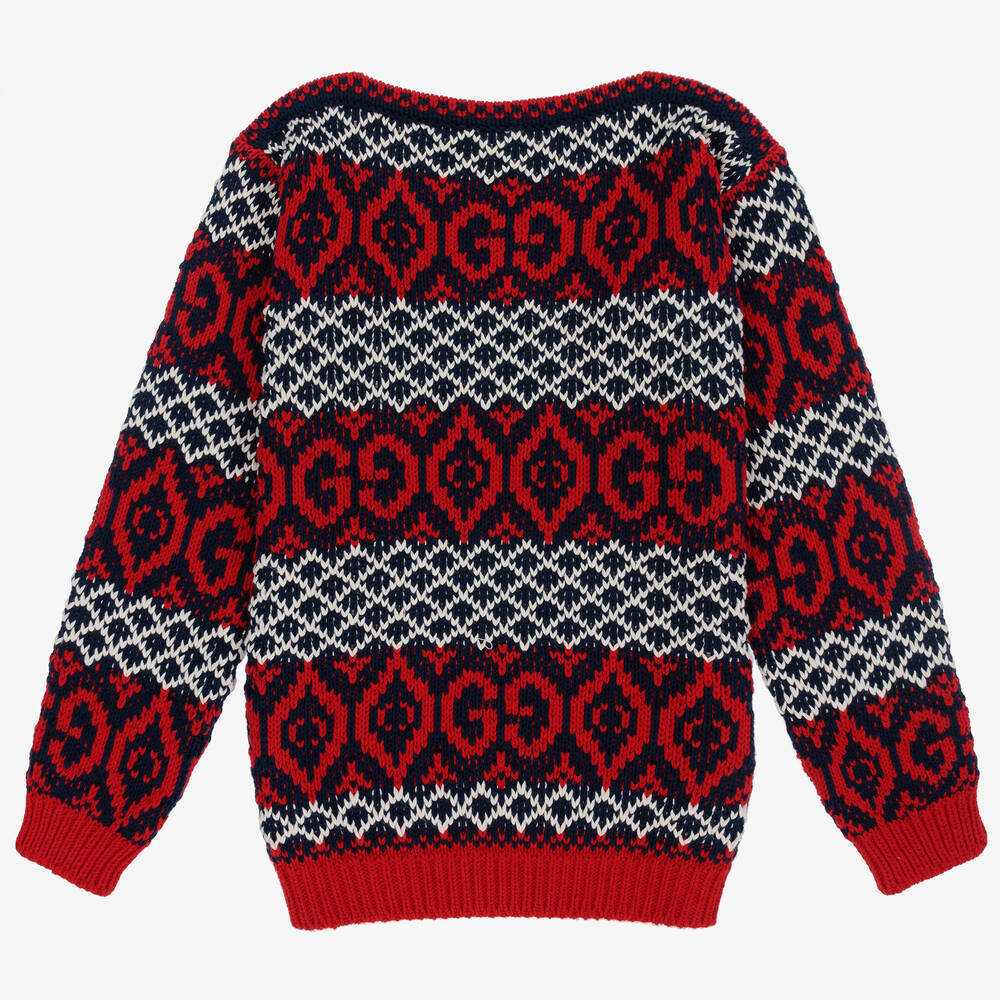 Gucci - Красно-синий свитер с принтом GG для подростков | Childrensalon