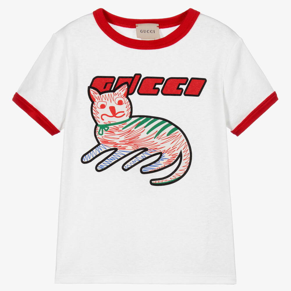 Gucci - تيشيرت قطن وكتّان جيرسي لون أبيض وأحمر للأولاد | Childrensalon