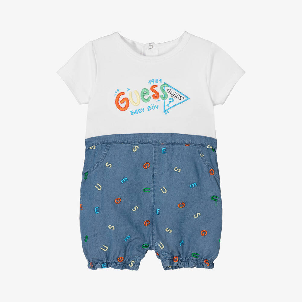 Shop Guess Baby Boys White Jersey & Blue Chambray Shortie