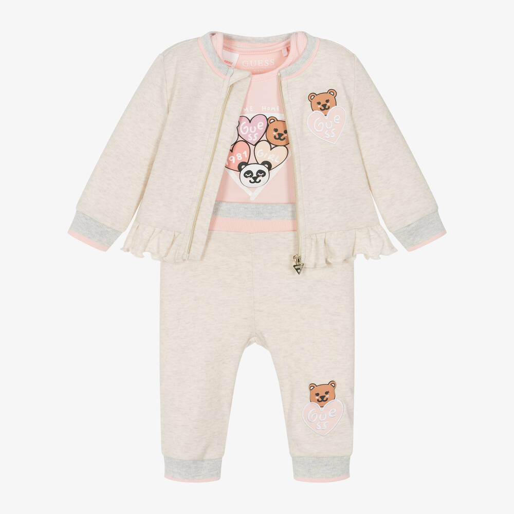 Guess - Baby Girls Beige Cotton Teddy Tracksuit Set | Childrensalon